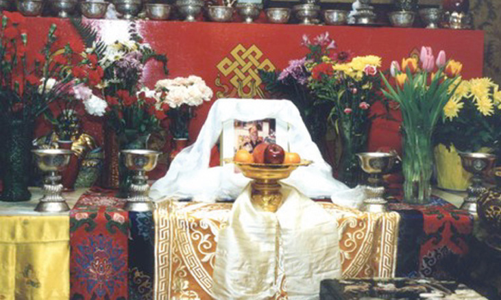 H.H. J.D. Sakya and students at 1st year memorial for Lama Kan Tsao, Sakya Monastery, U.S.A., 1994