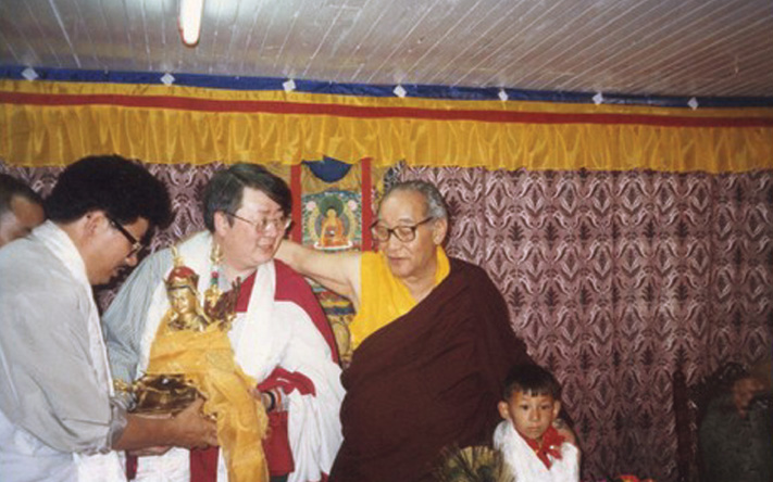 Yangsi being presented to H.H. J.D. Sakya, and meeting with students on the day of naming/ recognition ceremony, India, 1999
